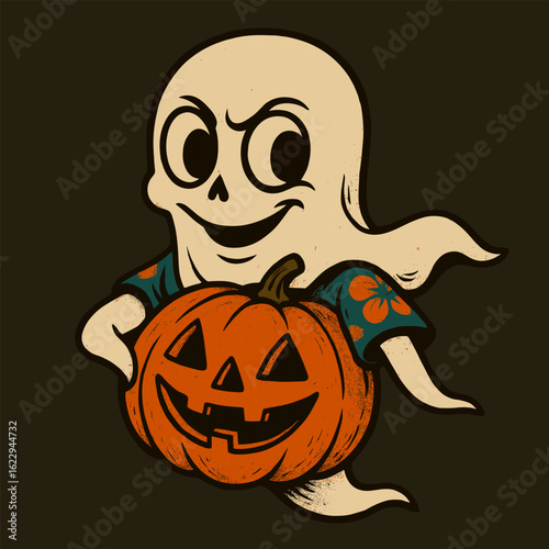 A mischievous ghost with big cartoon eyes floats in a jack-o'-lantern costume, smirking against a dark, fun background.