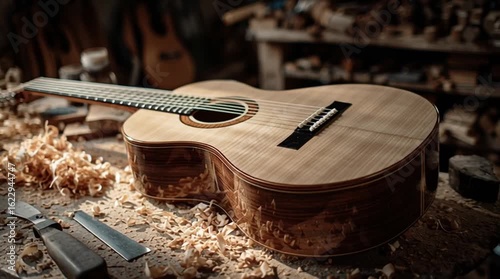 Workshop filled with tools and wood shavings surrounding a half-finished guitar on a workbench