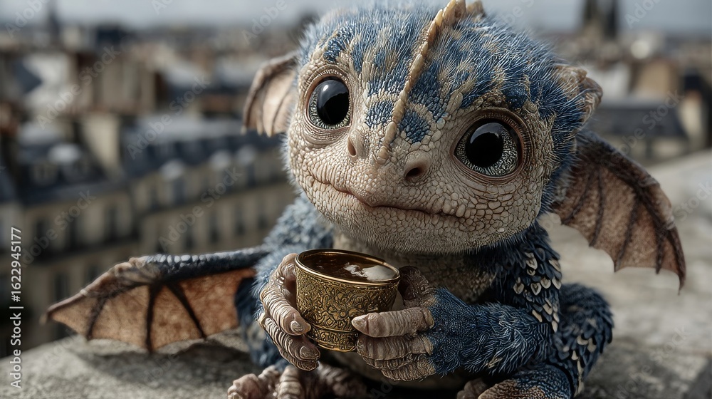Naklejka premium A cute, whimsical dragon-like creature holding a golden cup in an urban setting