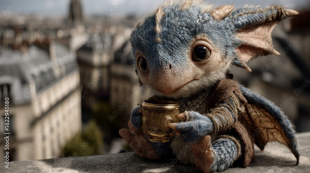Fototapeta premium A small dragon-like creature with blue skin sits holding a golden cup on a city background