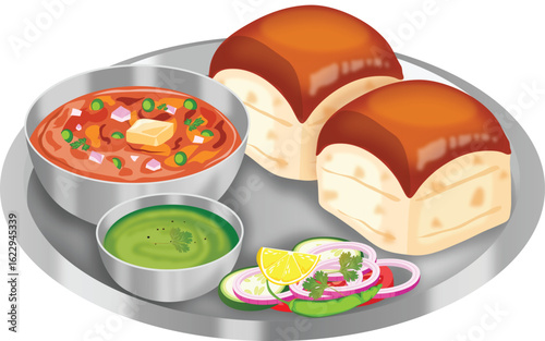 Delicious Pav Bhaji in a Steel Plate With Coriander Chutney And Salad. Mumbai Street Food Vector Illustration