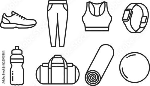 Fitness Items Water Bottle, Shoe, Bag, Smartwatch and Clothes Line Art