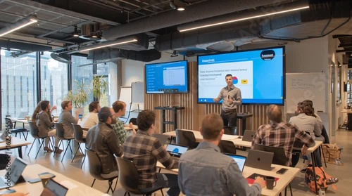 Tech startup founders engage investors in a modern conference room showcasing innovative ideas with large screens