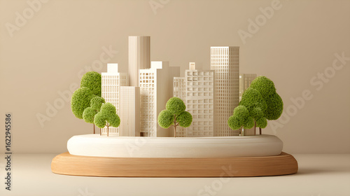 Miniature Cityscape: An artistically crafted miniature cityscape, showcasing buildings, trees, and an integrated wooden base, embodies urban harmony with nature.