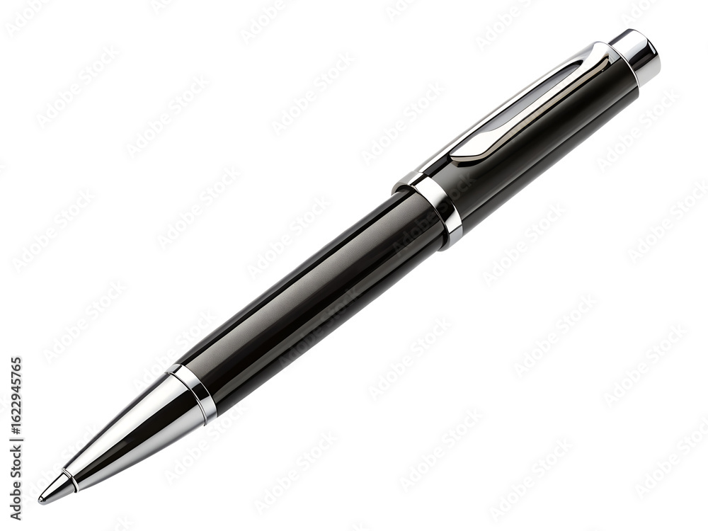 Photo of a modern black and silver ballpoint pen with a chrome clip, isolated on a transparent background, perfect for writing and office use Photo of a modern black and silver ballpoint pen with a chrome clip, isolated on a transparent background, perfect for writing and office use