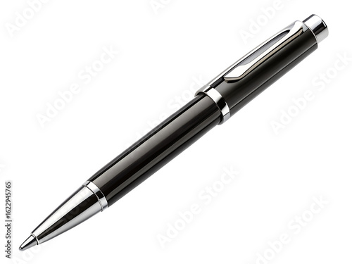Photo of a modern black and silver ballpoint pen with a chrome clip, isolated on a transparent background, perfect for writing and office use