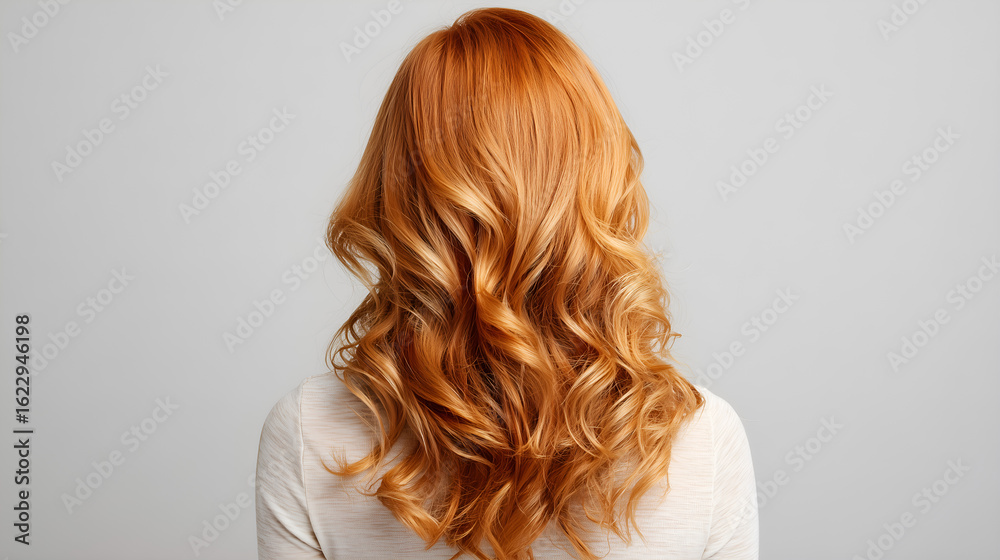Fototapeta premium Radiant Crimson Locks: A captivating view of a woman's stunning red hair, cascading in voluminous waves, highlighting the art of hairstyling and beauty.