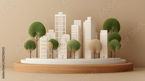 Urban Oasis: A miniature metropolis artfully blends architectural precision with organic elegance, depicting the harmony between concrete and nature in a sustainable environment.