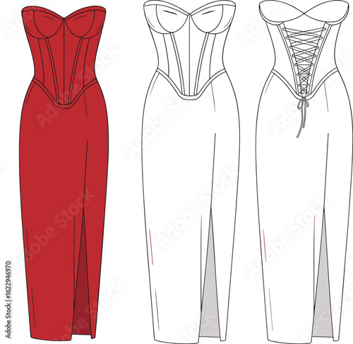 Strapless dress icon set, sweetheart neckline, high slit gown, red evening dress, fashion design stages, lace-up bodice, vector garment illustration