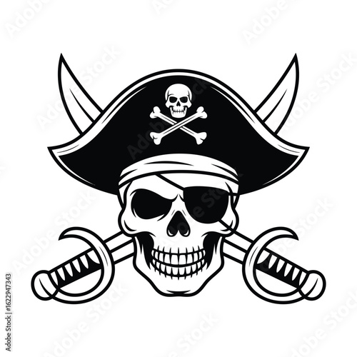 Black and White Pirate Skull Logo with Swords and Eye Patch Vector Illustration

