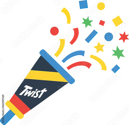 Vector illustration of a party popper exploding with colorful confetti on a white background.