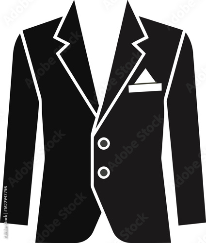 A black suit jacket with a white pocket square, featuring two buttons and a classic lapel design.