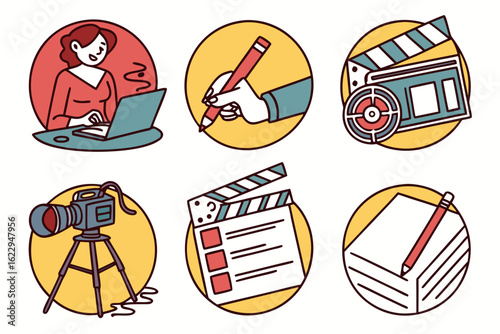 Set of icons representing filmmaking and creative production process