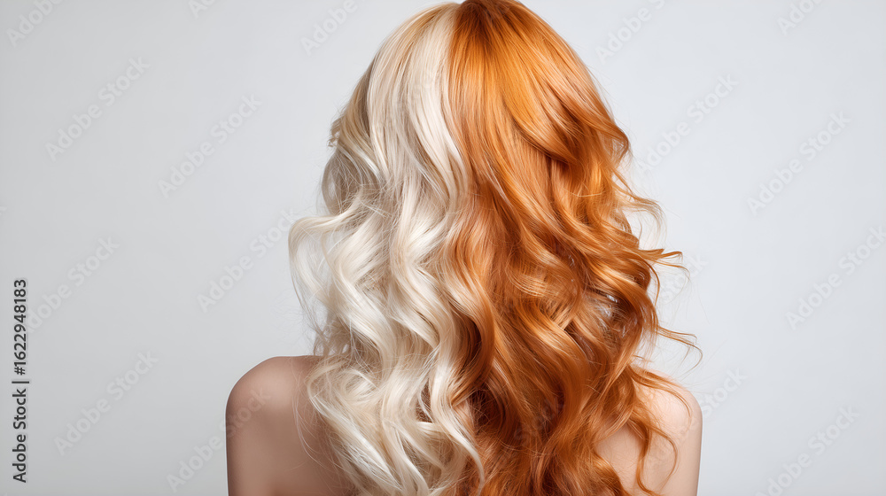 Fototapeta premium Dual-toned Hair: Capturing the artistry of hair styling, this shot showcases a stunning blend of vibrant orange and platinum blonde hair, representing beauty and fashion.