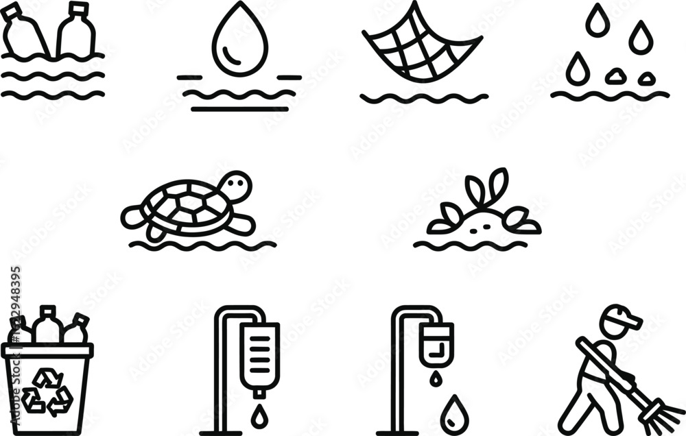 Fototapeta premium Isolated Black Outline Icons Set Depicting Pollution and Its Negative Impacts
