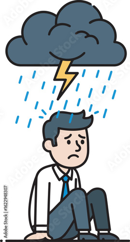 Depressed businessman sits on the ground under a stormy sky, feeling overwhelmed by stress.