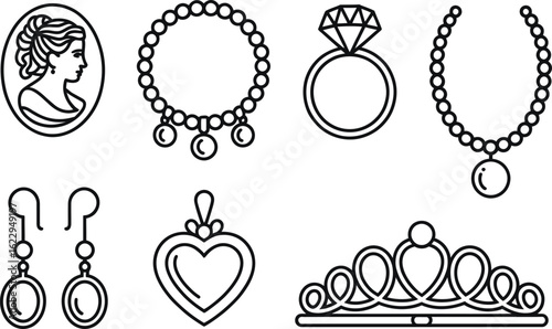 Tableau sur toile Jewel Icons Set Cameo Profile, Ring, Bracelet, Necklace, Heart, Earrings, Tiara