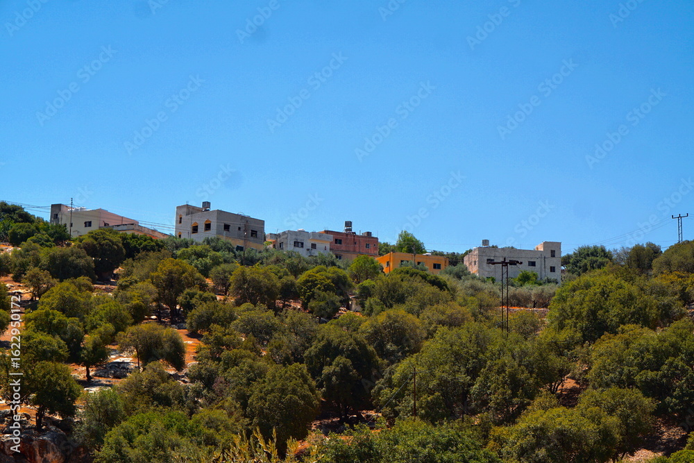 Mediterranean hillside village with white houses and green trees under blue sky Mediterranean hillside village with white houses and green trees under blue sky
