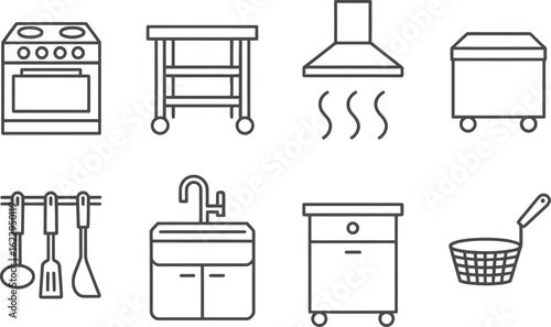 Kitchen Appliances Outline Set Stove, Sink, Hood, Island, Utensils, Fryer on White