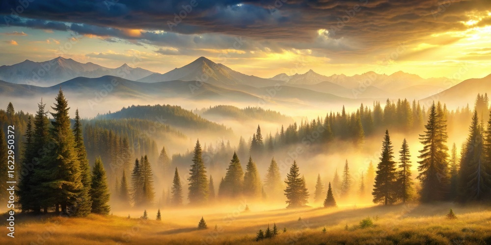 Fototapeta premium Golden Sunrise Illuminates Misty Mountain Valley, Enveloping Evergreen Forest in Warm Light