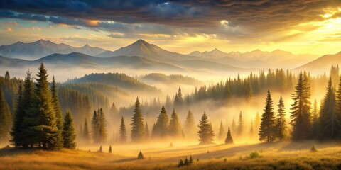 Crédence de cuisine  Golden Sunrise Illuminates Misty Mountain Valley, Enveloping Evergreen Forest in Warm Light  © Collection