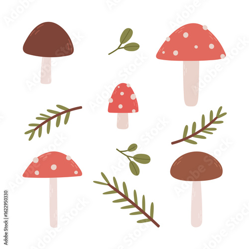 Autumn mushrooms set with forest branches