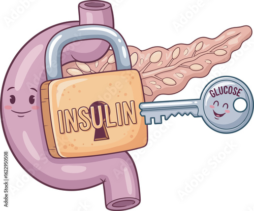 Cartoon depiction of a pancreas with an insulin lock and glucose key.
