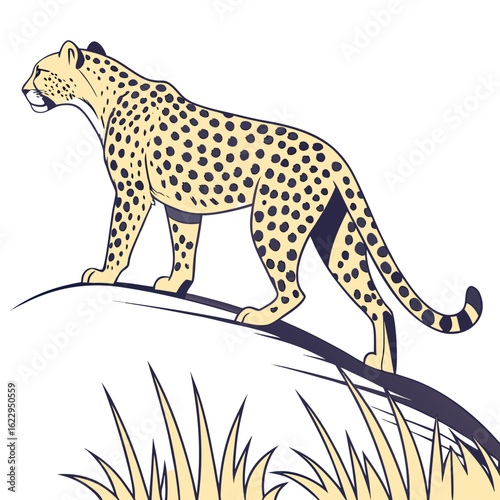 Cheetah standing on a grassy hill in profile view, illustration