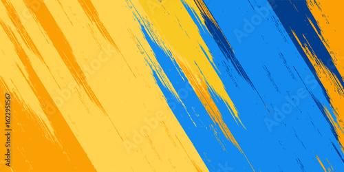 Vibrant abstract blue and yellow background with expressive brush strokes and geometric shapes. vector