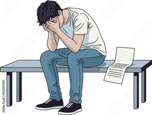 A dejected young man sits on a bench, hands covering his face, near a concerning letter.