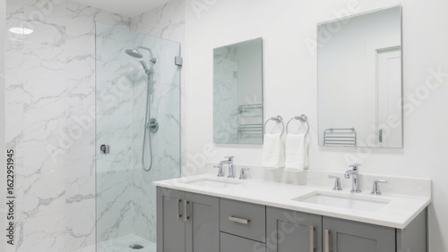 Transform Your Bathroom into a Bright Oasis: Stunning Grey and White Tile Designs for Home and Apartment Architecture with Stylish Cabinets