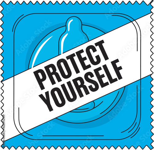 A blue condom package with the words "PROTECT YOURSELF" on a white banner.