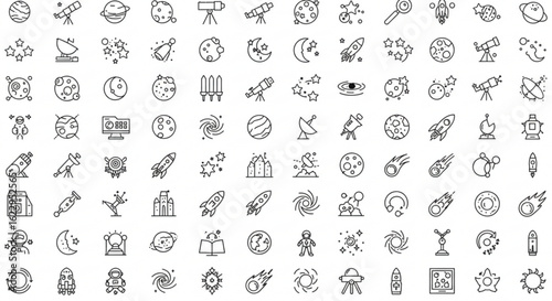 Collection of space exploration icons featuring planets telescopes rockets and celestial bodies in outline style