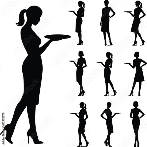 Silhouettes of waitresses holding trays, standing in various poses, black vector illustration, isolated on white background, service concept