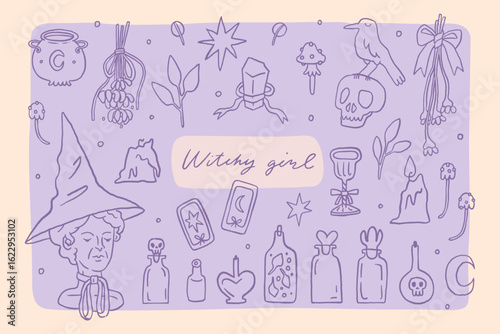 Halloween witchcraft set of elements in coquette style. Mystical autumn line art trendy whimsical clipart collection. Fall stickers isolated on lavender background. Vector hand drawn illustration