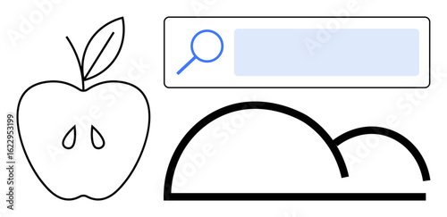 Outline apple with seeds, cloud sketch, and search bar with magnifying glass icon. Ideal for technology, nature, cloud computing, education, food, search engines simple landing page