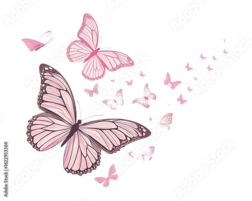 A collection of pink butterflies in various sizes flying on a black background in a whimsical design created with generated ai