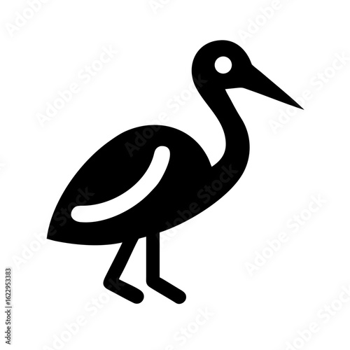 Black silhouette of a wading bird, isolated on white background