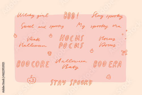 Cute Halloween hand writing lettering. Text stickers. Happy halloween girl funny quotes. For cards, posters, planers vector clip art elements. Hocus pocus, boo, spooky era, witchy girl