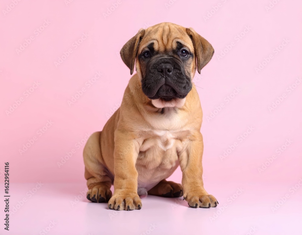 Obraz premium Adorable Bullmastiff Puppy Portrait on Soft Pink and Peach Backgrounds, Generated image