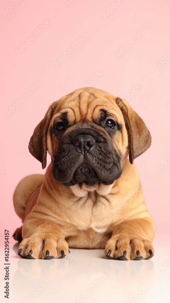Obraz premium Adorable Bullmastiff Puppy Portrait on Soft Pink and Peach Backgrounds, Generated image