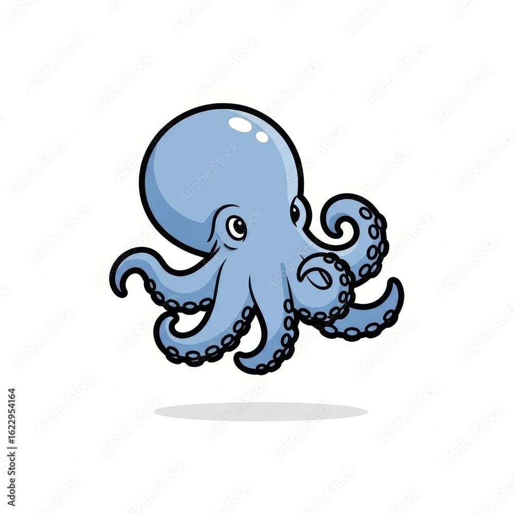 Fototapeta premium Adorable blue cartoon octopus character with eight tentacles and suction cups floating with cute expression and highlight reflection on glossy head
