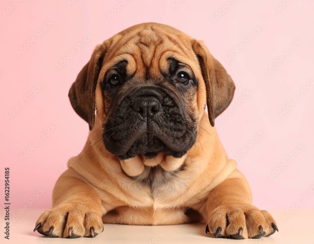 Retrato Adorable de un Cachorro de Bullmastiff sobre Fondos Suaves Rosados y Melocotón, Generated image Retrato Adorable de un Cachorro de Bullmastiff sobre Fondos Suaves Rosados y Melocotón, Generated image