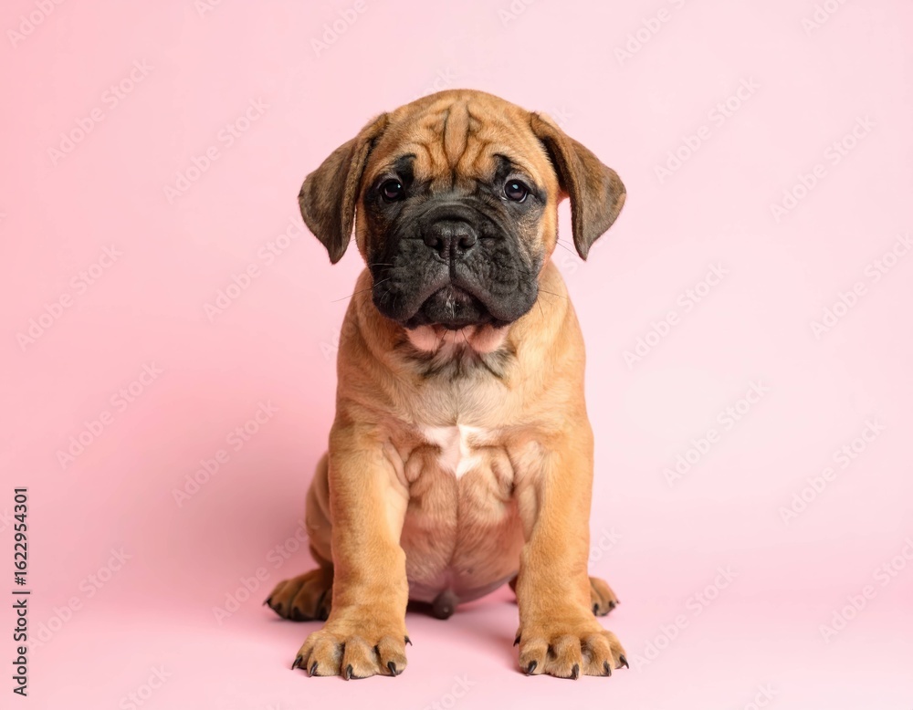 Obraz premium Retrato Adorable de un Cachorro de Bullmastiff sobre Fondos Suaves Rosados y Melocotón, Generated image