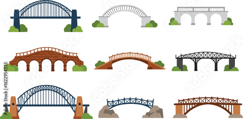 Collection of bridge illustrations, different styles of arch and beam bridges, flat vector bridge set, urban architecture, engineering design, transportation structure clipart