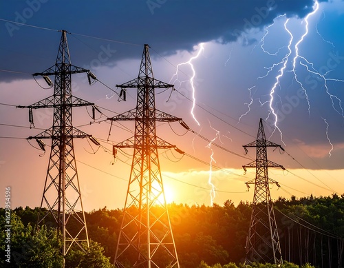 Power lines during sunset storm