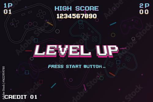 LEVEL UP. pixel art .8-bit game. Retro Futurism Sci-Fi Background. glowing neon grid. and stars from vintage arcade computer games