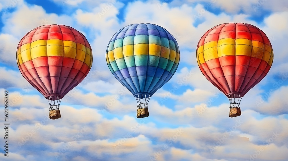 Naklejka premium Three Colorful Hot Air Balloons Soaring in a Cloudy Sky