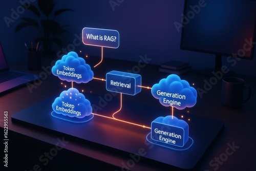 3D diagram of Retrieval-Augmented Generation (RAG) system with token embeddings, retrieval block, and generation engine
