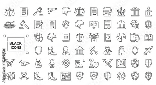 Outline icons depicting law enforcement military and legal themes in a monochrome style collection set
